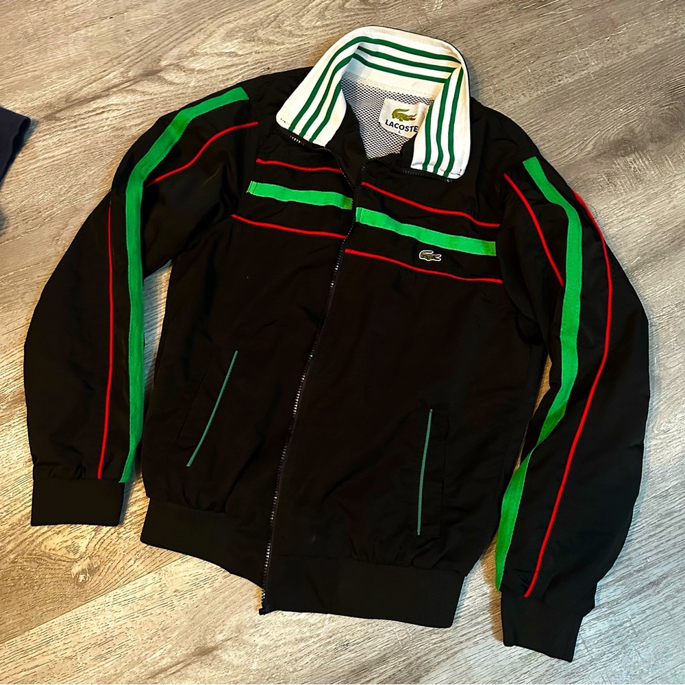 Lacoste Black Jacket with Green and Red Stripes